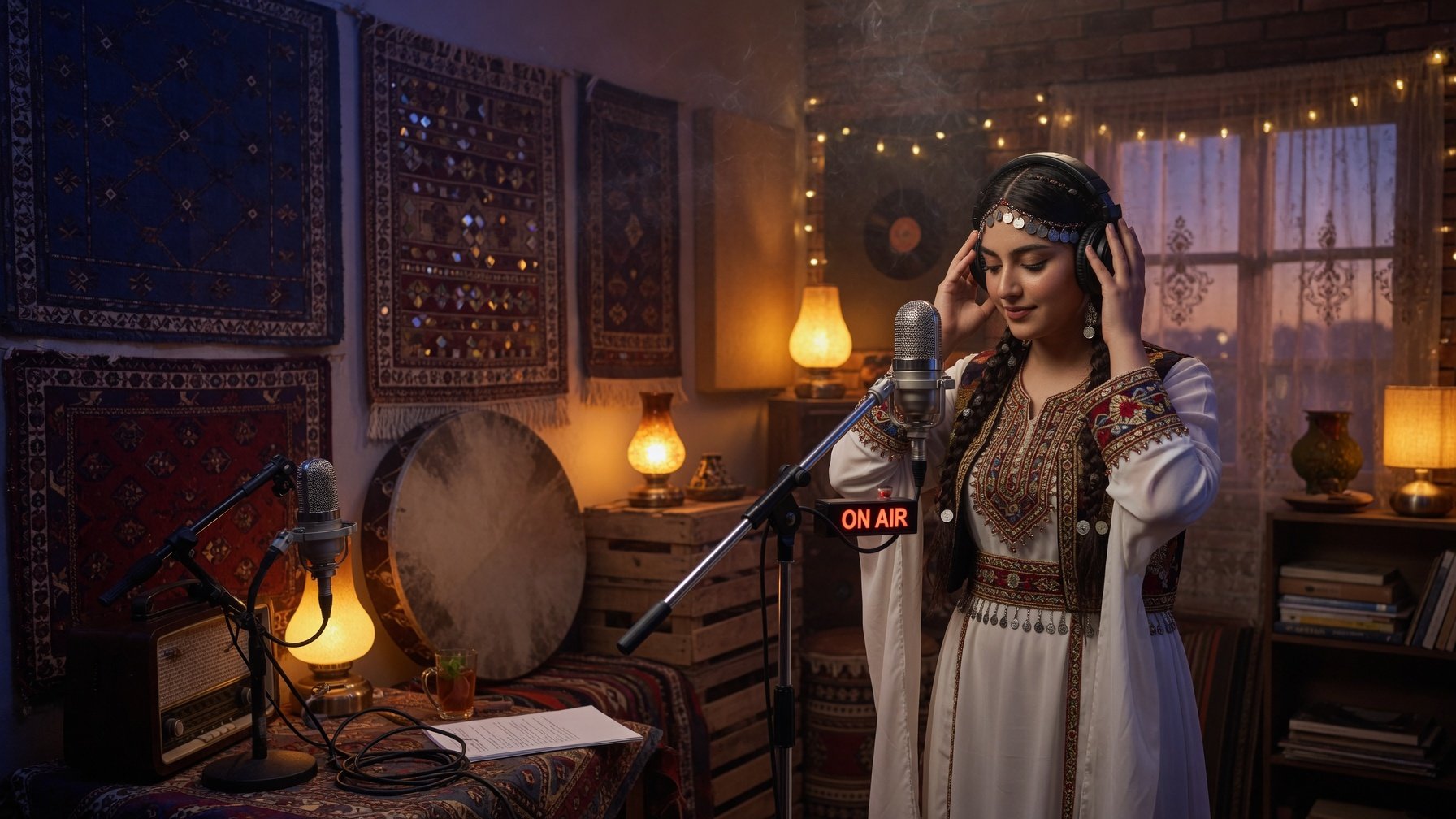 Kurdish cultural radio studio with a broadcaster, microphone, and traditional textiles